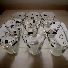 MCM 1950'S Federal Glass Fantasy 22 Karat Gold  Set Of 9 Manhattan Glases Atomic