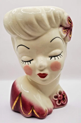 VINTAGE BETTY GRABLE LADY HEAD VASE 5” Tall GLAMOUR GIRL Pink dress USA Ceramic