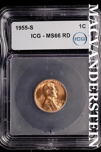 1955-S Lincoln Wheat Cent-ICG MS 66 RD Choice Gem BU No Reserve #SLM6