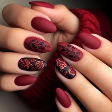 24Pcs Long Almond False Nails Matte Red Black Rose Design Stick On + Nail File