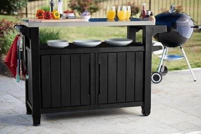 Keter Unity XL PortableOutdoor Tablewith StorageCabinet Stainless Steel Grey