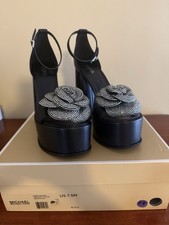 Michael Kors Elodie Black Leather Platform Sandal, Crystal-Embellished, 7.5M