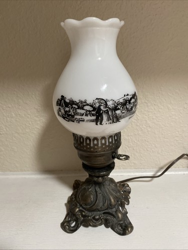 Vintage 1950s Currier & Ives Milk Glass Electric Table Lamp With Bronze Stand