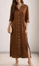 Madewell Brown Satin Long Sleeve Button Front Midi Dress
