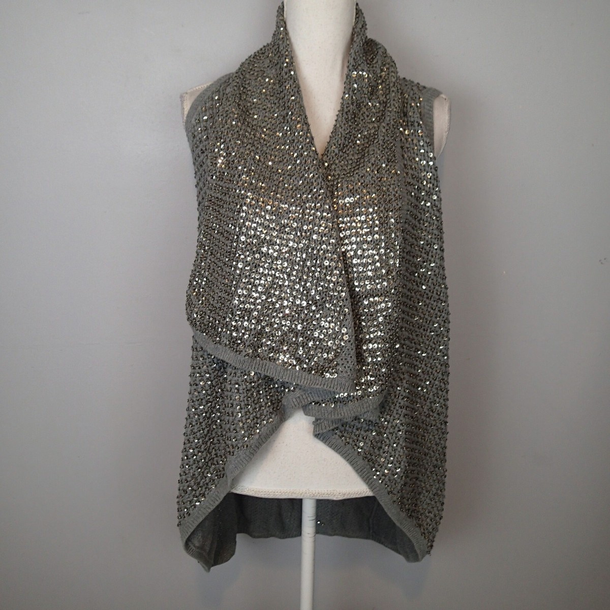 Alice Olivia Sweater Cardigan xs Open Front Sequins Sleeveless gray  waterfall