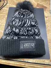 JUSTICE Black Winter Hat Faux Fur Pom Pom