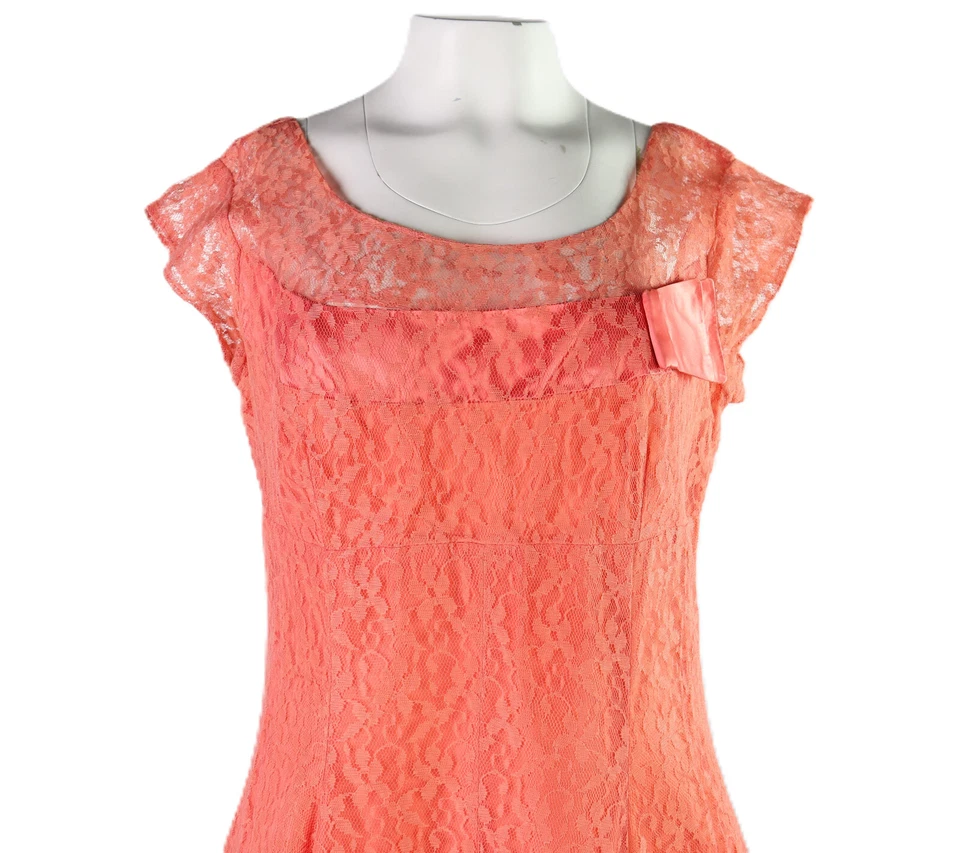 Maxi Vestido De Colección Años 50 EE. UU. Para Mujer 14 16 L XL Rosa Coral Encaje Ajuste y Acampanado Foto 2 de 4