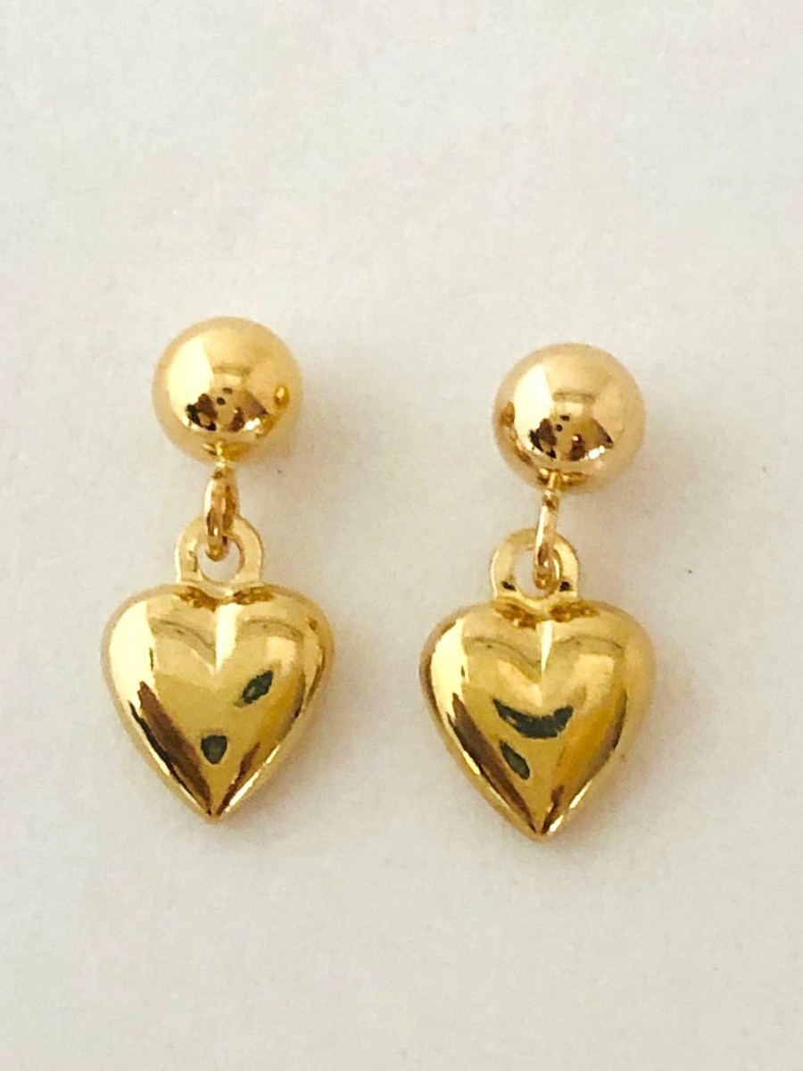 14K Solid Yellow Gold 3D Heart Dangle Earring. W: 6 mm L: 13