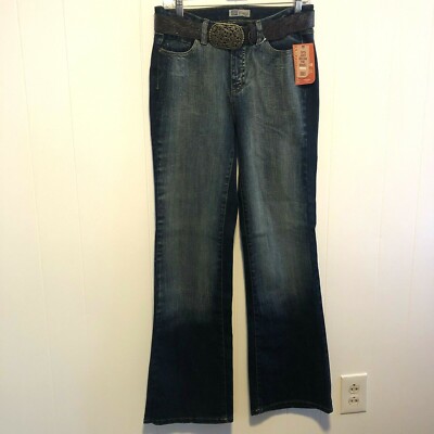 Faded Glory Flare Leg Jeans Womens Size 8 Mid Rise Belt Embellished Stretch NWT