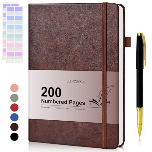 Lined Journal Notebook for Men Women, 200 Numbered Pages Leather Brown