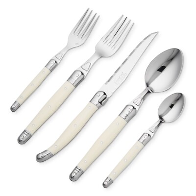 Jean Dubost Laguiole 20-Piece Flatware White Stainless Steel Set Wood Tray .