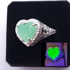 Sterling Art Deco Uranium Glass Ring Jadite Heart Filigree 925 Silver
