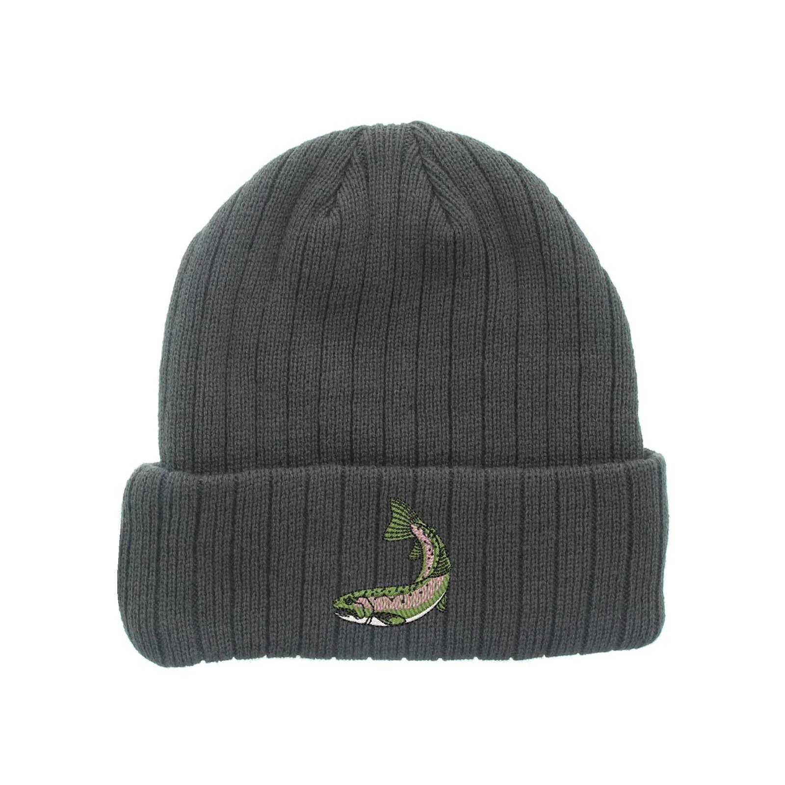 Trout fish embroidered fleece beanie hat, insulated winter beanie hat