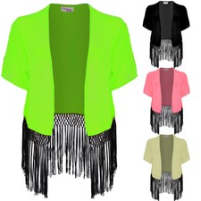 Women's Short Sleeve Open Front Chiffon Ladies Black Tasseled Kimono Shrug