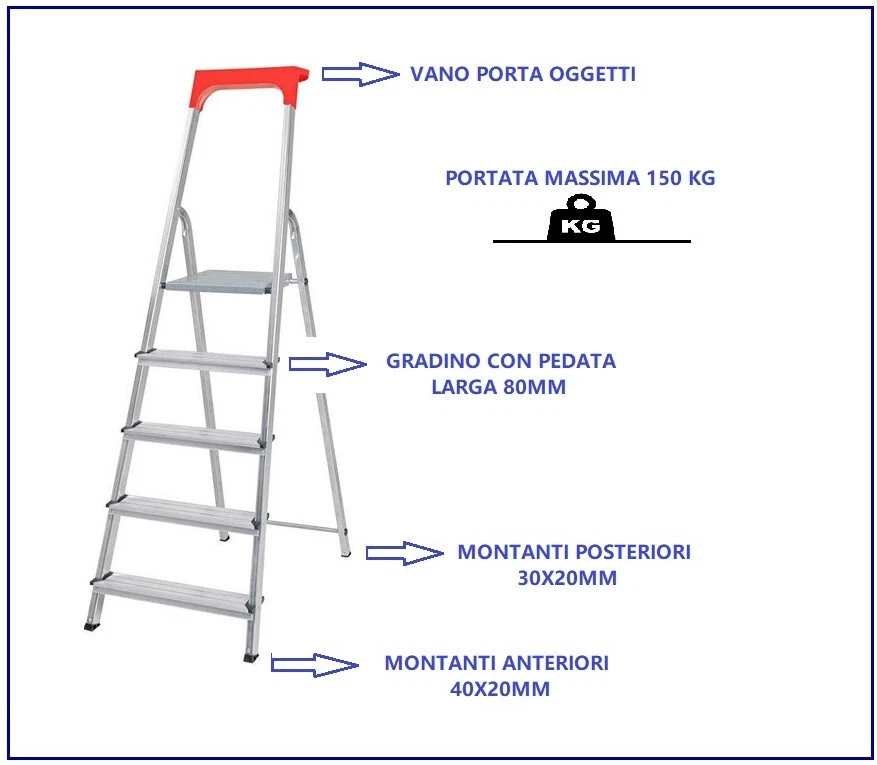 Scala Scaletta in Alluminio 4 5 6 7 8 gradini pieghevole domestica leggera - Immagine 3 di 3