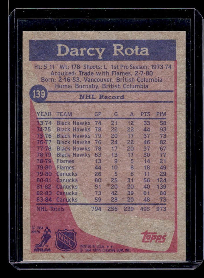 Darcy Rota 1984 Topps #139 Vancouver Canucks | eBay