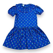 Vtg Yvonne Denise Girls Dress Blue Floral Print Drop Waist Ruffle Collar Sz 6