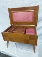 Vintage Arnold Wood Sewing Box Mid Century Modern Pink Lined Storage Chest 1960s