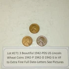 Lot #271 3 Beautiful Lincoln Wheats 1942-P 1942-D 1942-S Fine-VF See Pictures