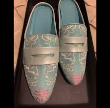 Valentina Rangoni Blue Pink Beige Floral Canvas Women's Flats Slip On 6.5