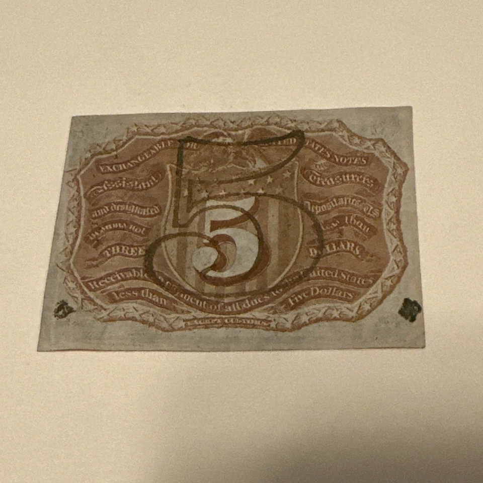 1863 5 Cent Fractional Currency Error Reverse Misaligned Printing AU 1232 - Image 2 of 2