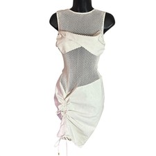 PrettyLittleThing Beige Mesh Ruched Bodycon Mini Dress Size 2 NWT Party Club