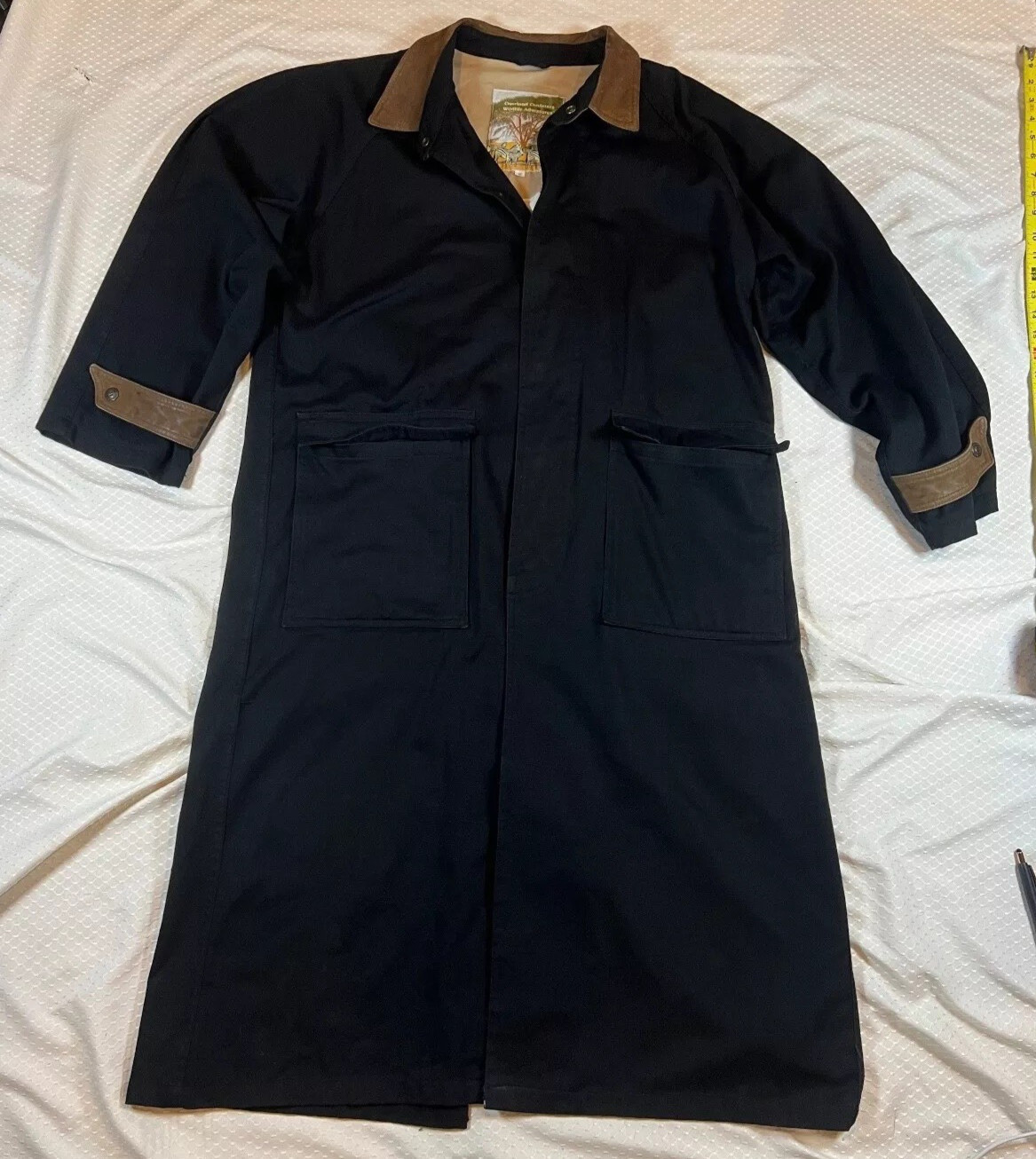 Mens S Vintage Overland Outfitters Long Trench Coat Black Leather Trims Button