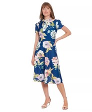 London Times Women's Tie-Neck Short-Sleeve A-Line Dress Navy/Peri Size 16 $118