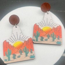 Vintage Desert Cactus Sunset Earrings Printed Wooden Dangle Western Jewellery