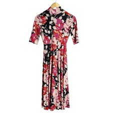 Zara High Neck Pink Floral Print Elbow Sleeve Tie Back Midi Dress Size Small