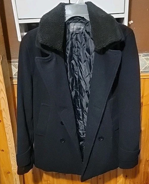 Slate & Stone Men's Peacoat L Black Wool Blend Jacket Warm Winter Coat
