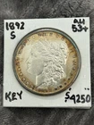 AU+ KEY 1892-S MORGAN SILVER DOLLAR. Wonderful eye appeal.