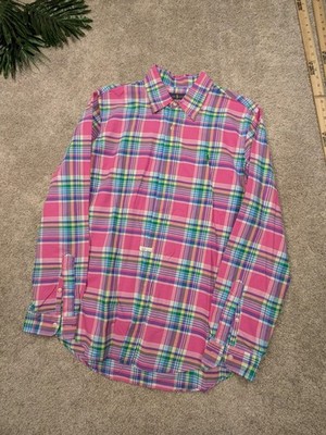 Ralph Lauren Shirt Mens Large Madras Plaid Button Down Long Sleeve Green Pony