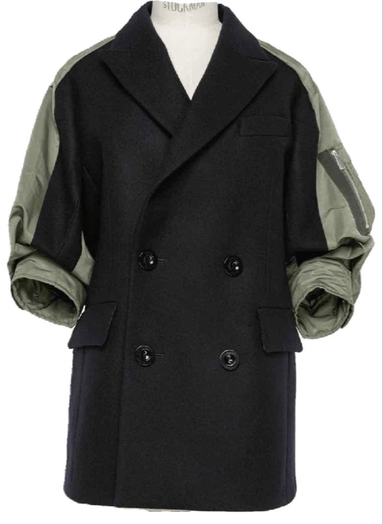 sacai Women's Coat S Navy Khaki Wool Blend Excellent Condition