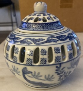 Asian Incense Burner Blue & White Koi Fish Design 5" Dia