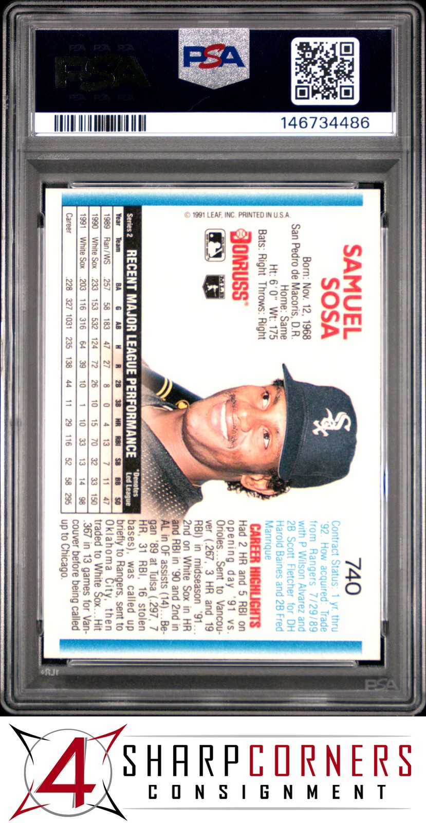 1992 DONRUSS #740 SAMMY SOSA WHITE SOX PSA 10 view 2