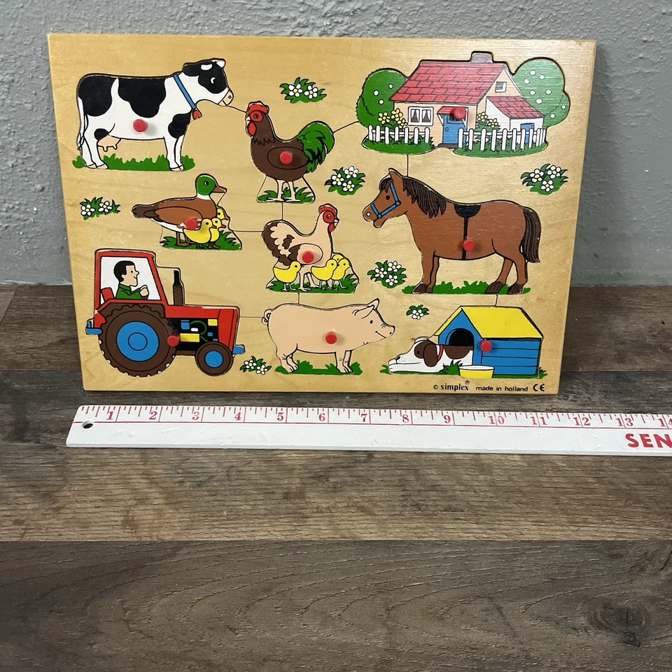 Vintage Simplex Holland Wooden Puzzle Animals Farm Tractor Pig Cow 9 Piece Pegs - Image 3 of 4
