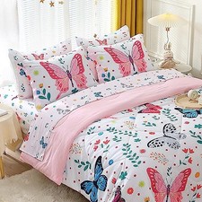 Girls Comforter Set Size 7 Piece Bed in A Bag Colorful Flowers Queen Butterfly