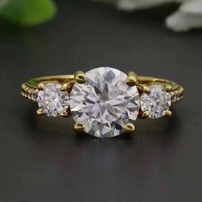 2.50CTW Round VVS1 Moissanite Three Stone Engagement Ring 14k Yellow Gold Plated