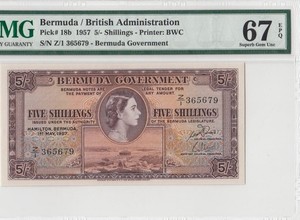 1957 BRITISH COLONY BERMUDA 5 SHILLINGS QEII 5/- "Z/1" ~RARE~ (( PMG 67 EPQ ))