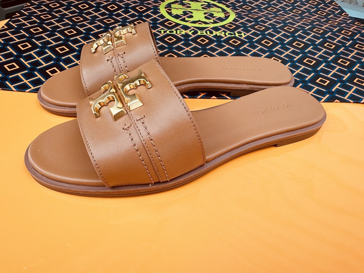 NIB Tory Burch Everly Slide Sandals Calf Leather Gold Logo