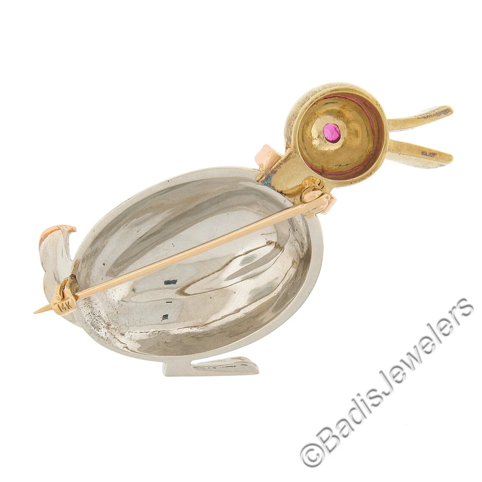 Retro Solid 14K Tri Gold 3D Duck Bird Pin Brooch w/ 0.20ctw Round Brilliant Ruby - Image 3 of 4