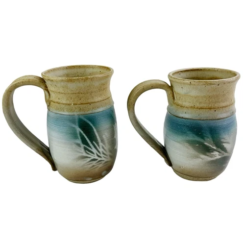 Tom Briney Pottery Coffee Mugs Set of 2 Maple Leaf Foliage Signed Wildflower 5"