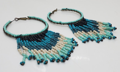Dangle Beaded Earrings Drop Handmade Design Blue White Black Teal 4''