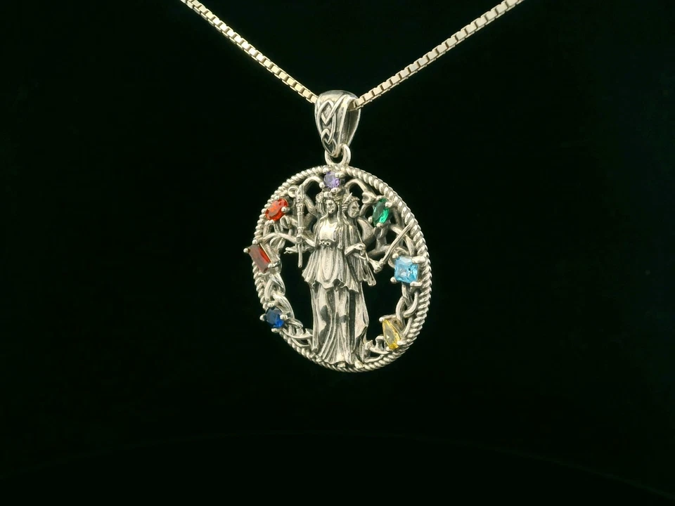 925 Пробы тройной Луны богини ожерелье с 7 чакр цирконий драгоценных камней - Изображение 4 из 4