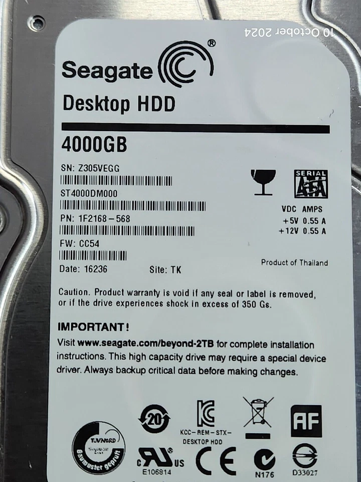 Seagate 4TB 3.5" SATA HDD - ST4000DM000, P/N: 1F2168-568 F/W: CC54 - Image 2 of 2