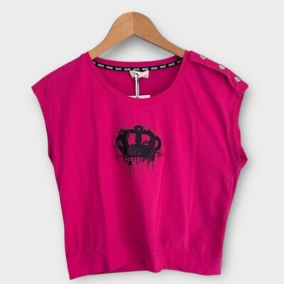 NEW Liu Jo Sz XS Hot Pink Crown Tee Shirt Top Gold Epaulettes Scoopneck