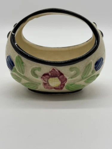 CERAMIC BASKET SMALL HAND PAINTED UNDER GLAZE HANDLED VINTAGE MADE IN JAPAN