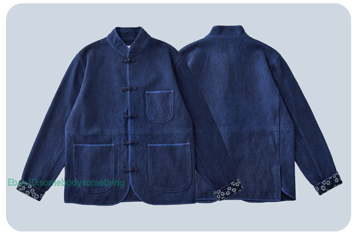 Blue Worker Chore Jacket Chinese Style Buckle Handmade Indigo Dye
