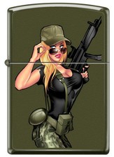 Sexy Military Lady Pin Up with a Gun Green Matte Zippo Lighter